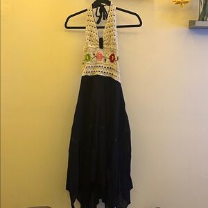 Black and White Halter Dress with Colorful Accents